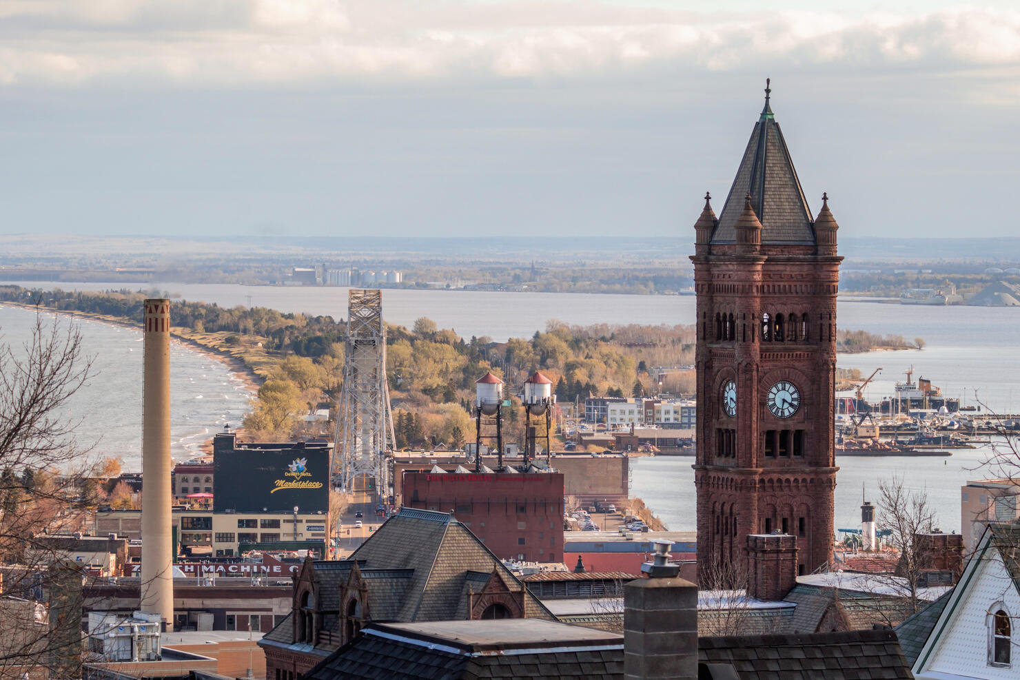 A High Angle Shot Overlooking Duluth and Minnesota Point on Lake Superior