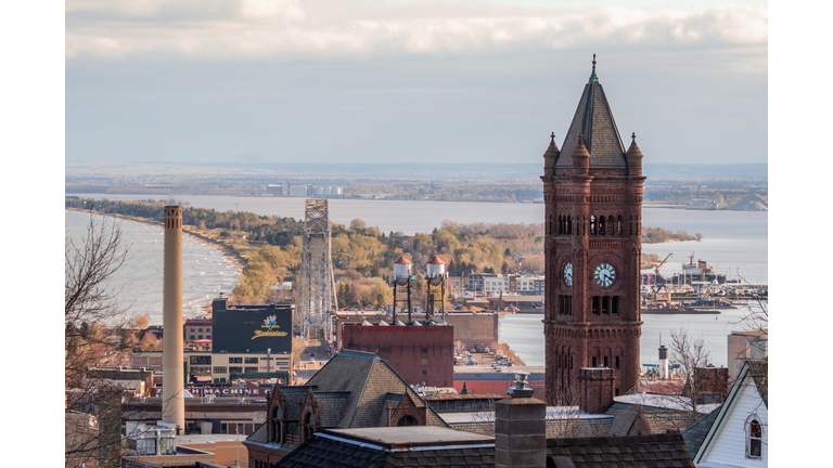 A High Angle Shot Overlooking Duluth and Minnesota Point on Lake Superior