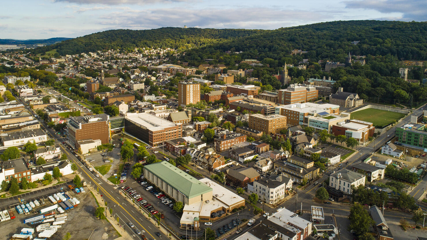 The panoramic aerial view of Bethlehem - the city in Pennsylvania, in Appalachian mountains on the Lehigh River