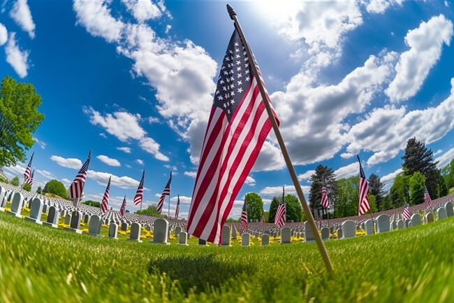 USA Flags on Memorial Day under Sunny Day with Blue sky