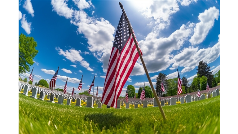 USA Flags on Memorial Day under Sunny Day with Blue sky