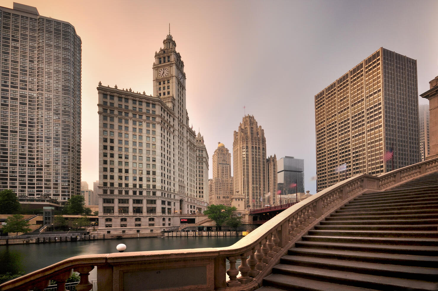 Sunrise shot of Magnificent Mile and Wrigley Building in Chicago
