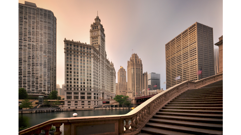 Sunrise shot of Magnificent Mile and Wrigley Building in Chicago