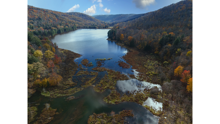 Scenic view of lake against sky during autumn,Bradford,Pennsylvania,United States,USA