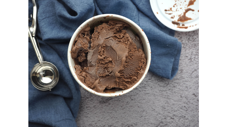 Chocolate ice cream in quart container at top view