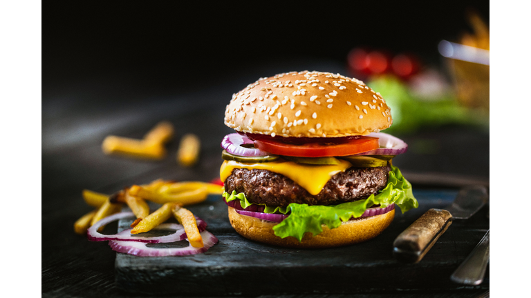Delicious homemade hamburger and french fries