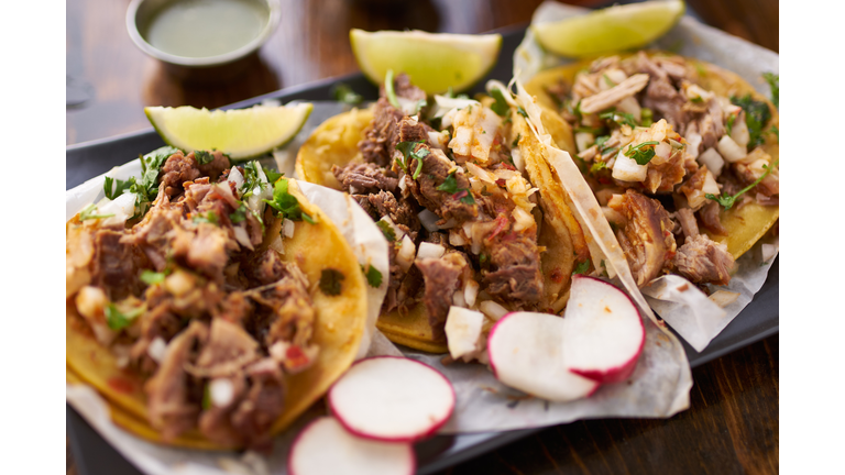 mexican street tacos with chicken, carnitas and barbacoa