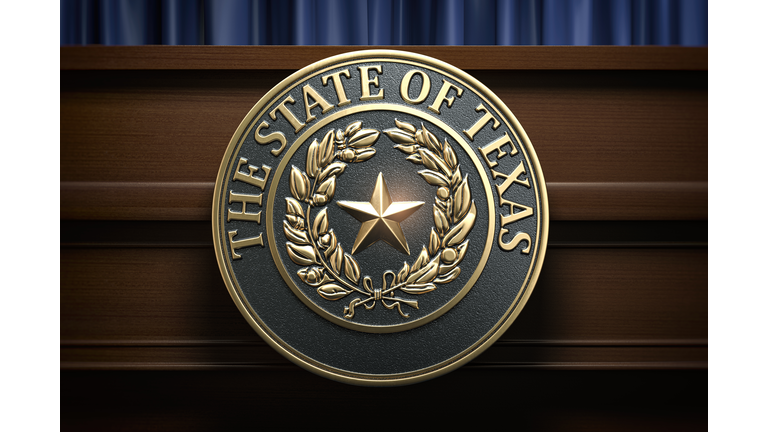 Symbol and big seal of State of Texas on the tribune. Press conference of governor of Texas or others political events of Texas concept.