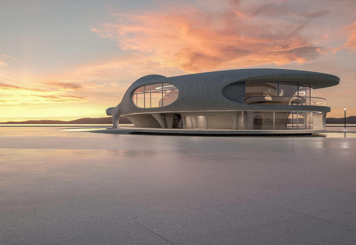 Modern architecture with ocean view at sunset