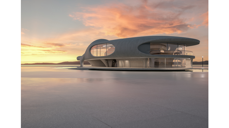 Modern architecture with ocean view at sunset