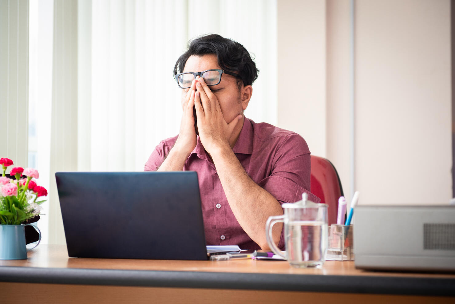 Office Worker Working Late and Looking Stress