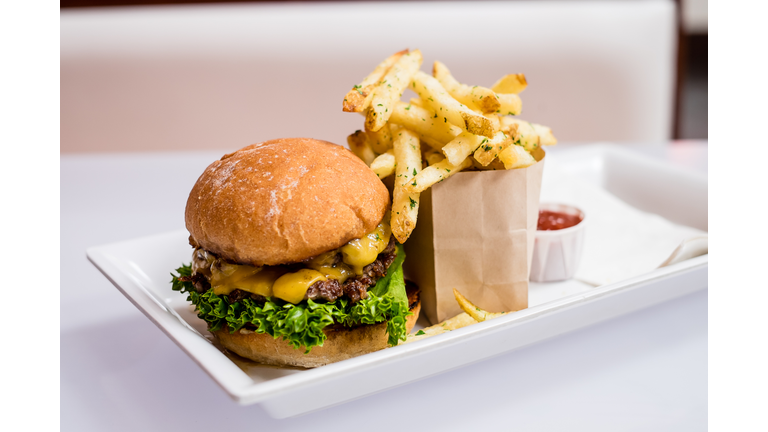 gourmet hamburger and fries