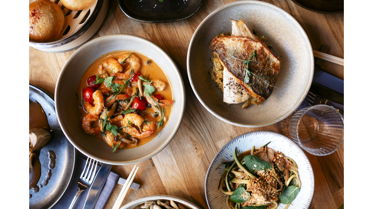 View from above of a mix of south east asia, typical asian food