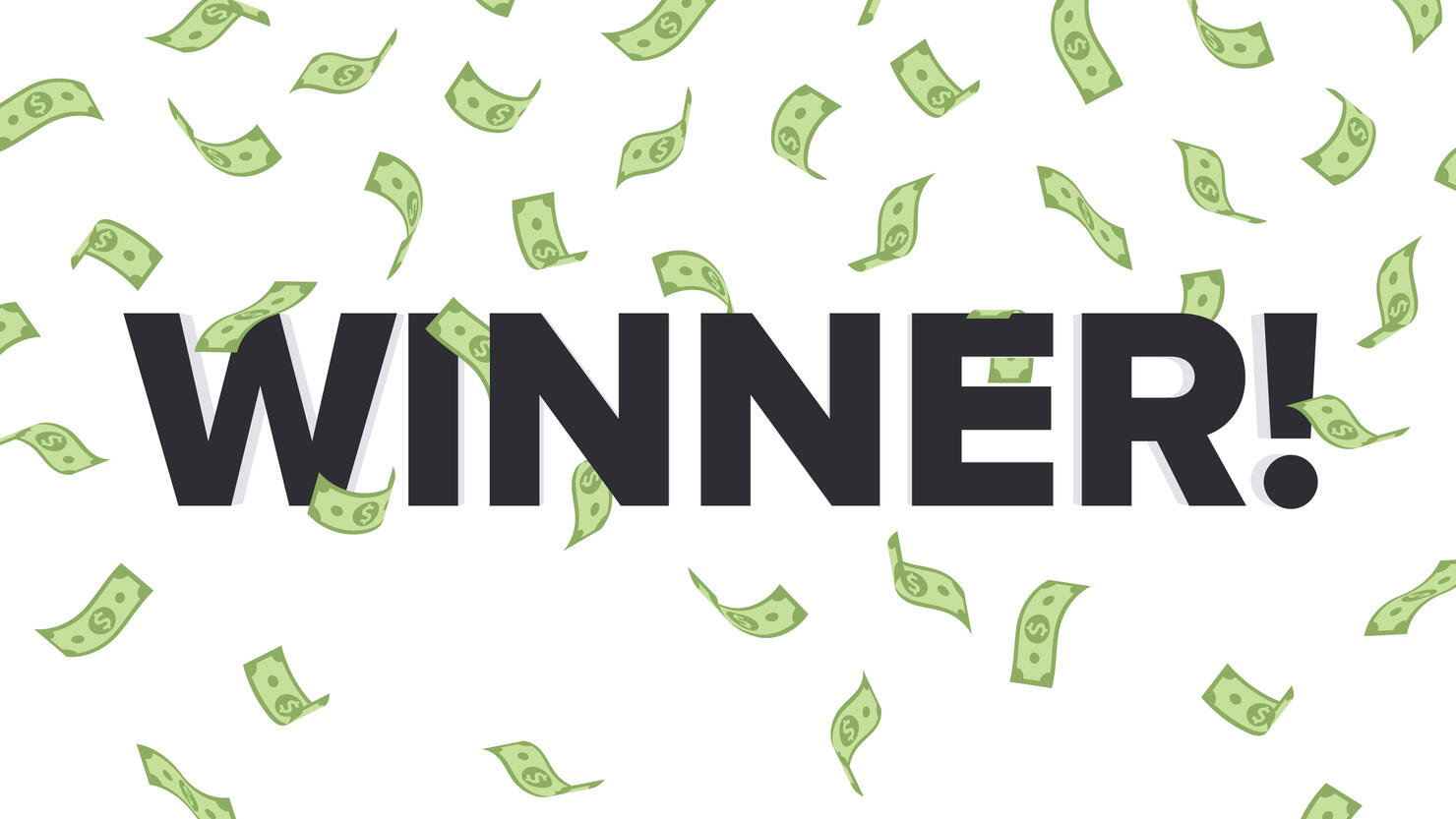 Winner! Illustration Surrounded by Falling Money - American Dollar Bills USD