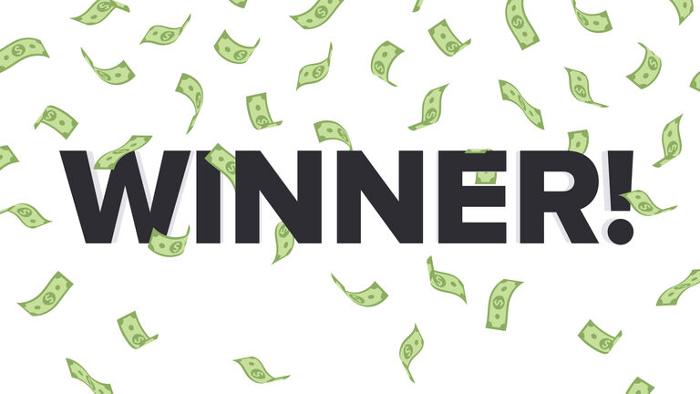 Winner! Illustration Surrounded by Falling Money - American Dollar Bills USD
