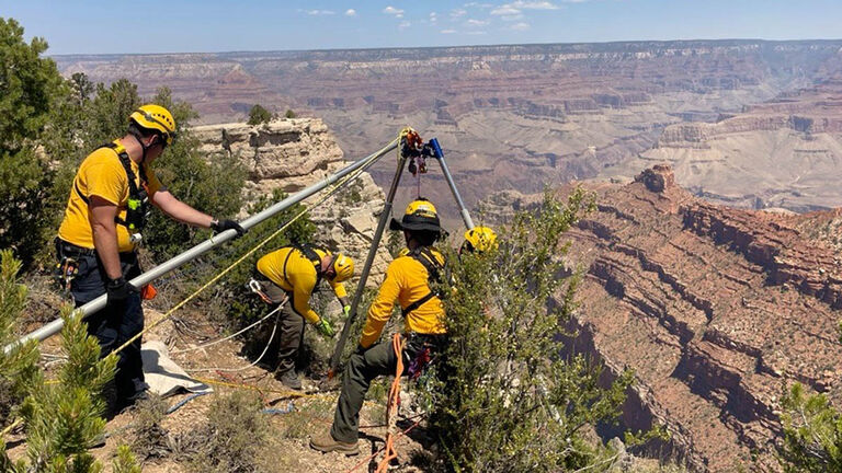 Responders manage a high angle technical rescue system on July 31, 2024