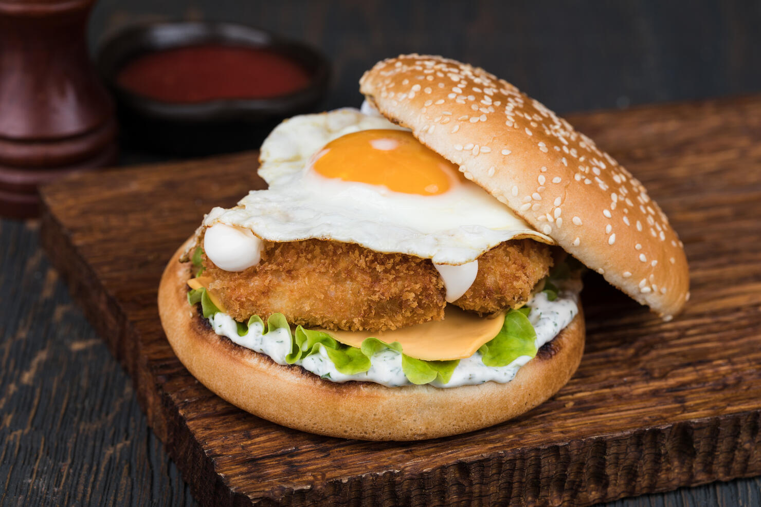 Burger on a wooden board