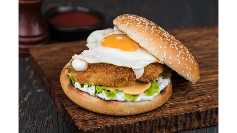Burger on a wooden board