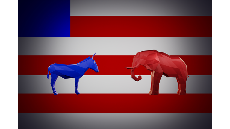 Democrat donkey standing against Republican elephant on American flag