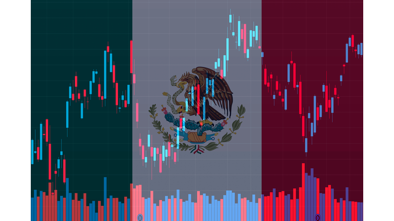 Mexican flag on background of financial data