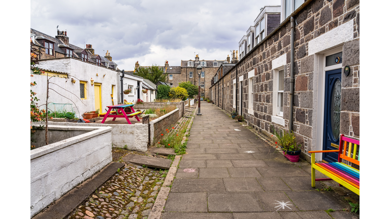 Small fishermen's houses by the sea in the neighborhood of Footdee in Aberdeen, Scotland.