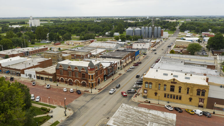 Aerial View Main Street Intersection Small Town Hiawatha Kansas