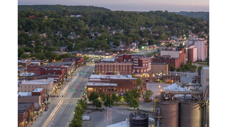 A High Angle Shot of Downtown Red Wing during Twilight