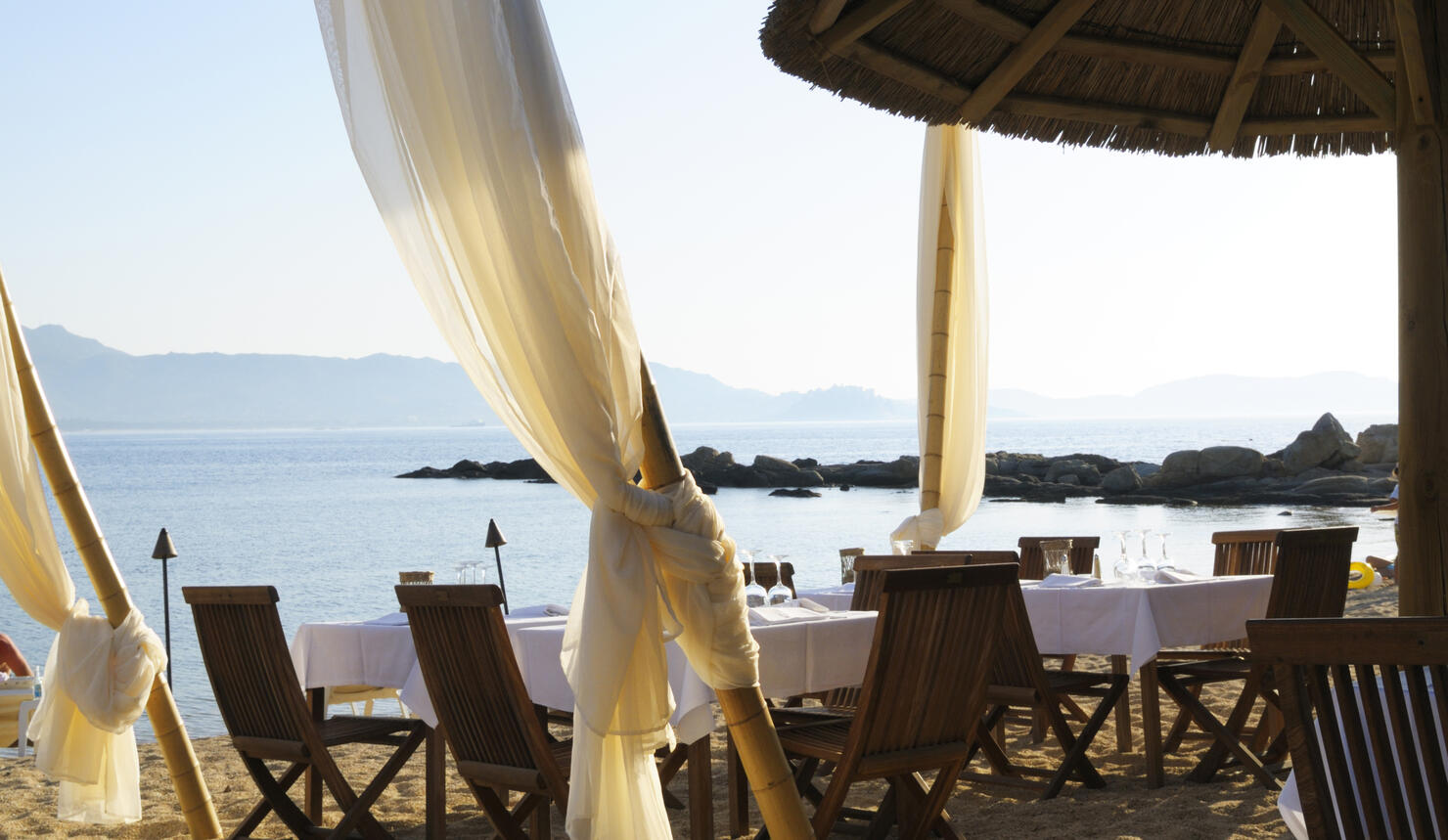 Restaurant on the beach. Social Distancing concept.