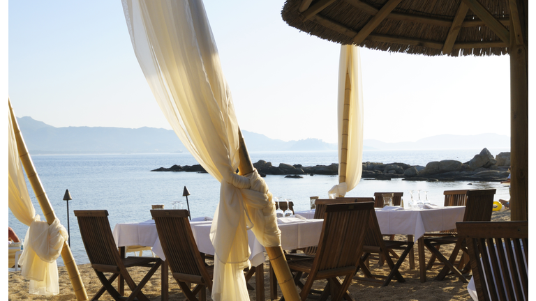 Restaurant on the beach. Social Distancing concept.