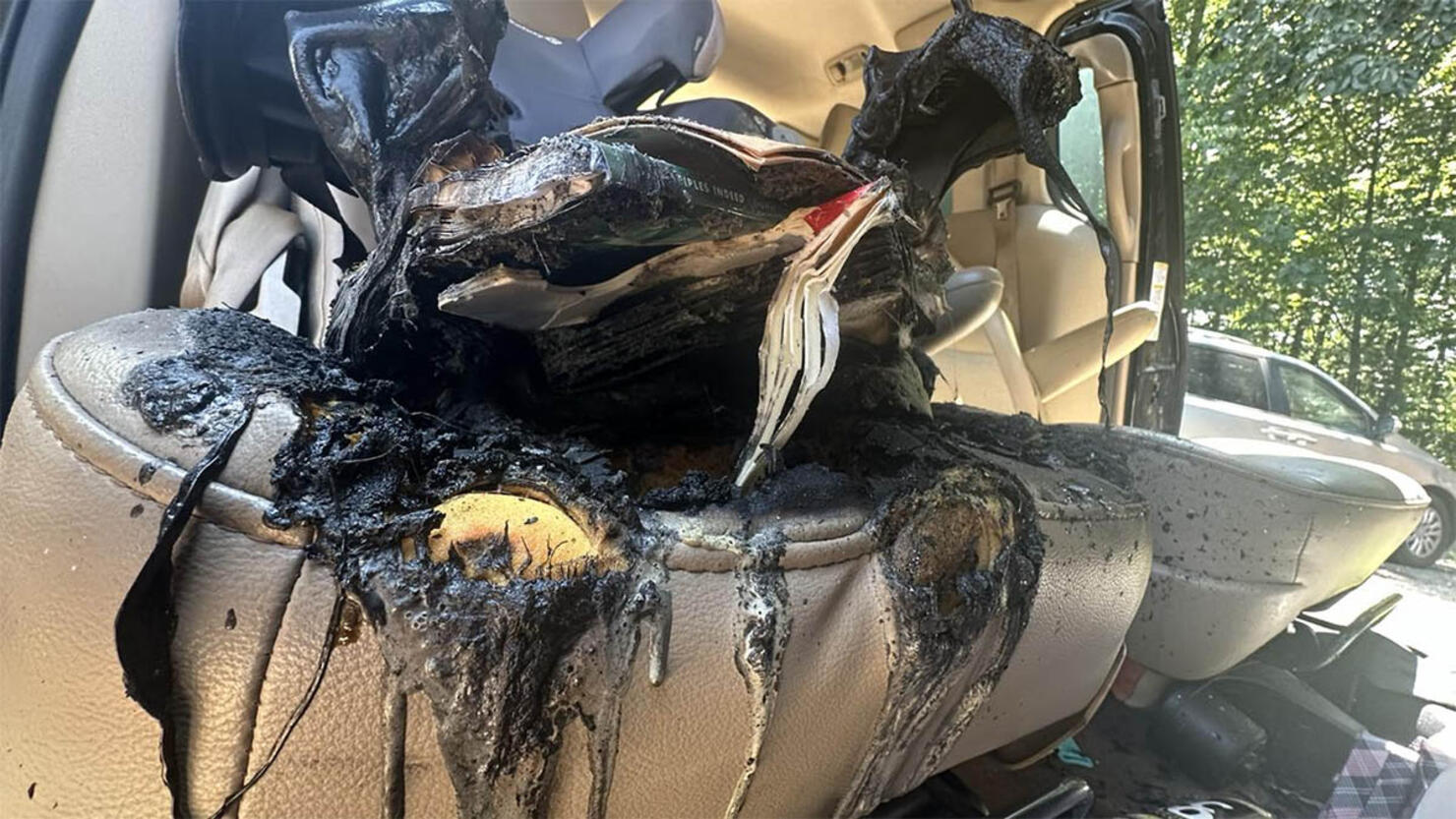 A car seat burst into flames