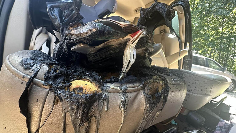 A car seat burst into flames