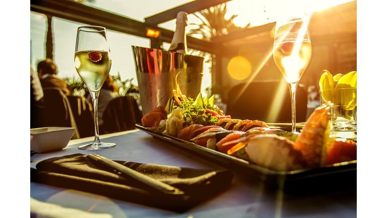 Luxury restaurant table on sunset