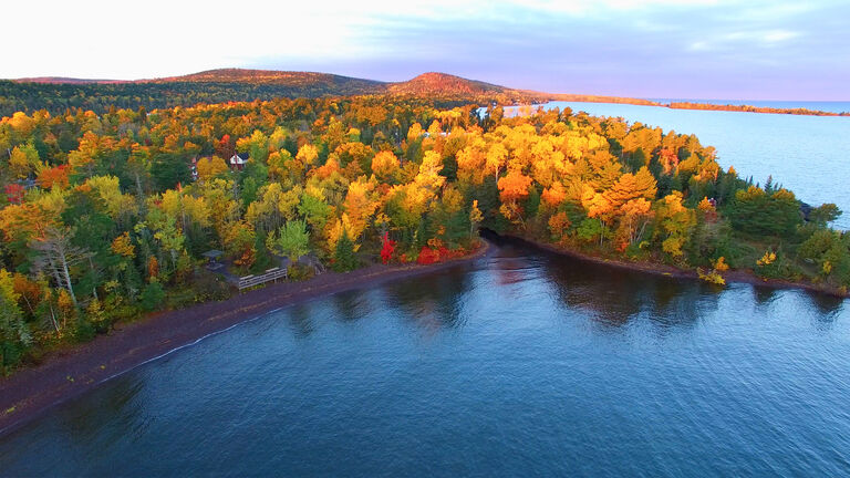 Amazing Autumn scenery, forests with lake, Fall colors, Aerial view