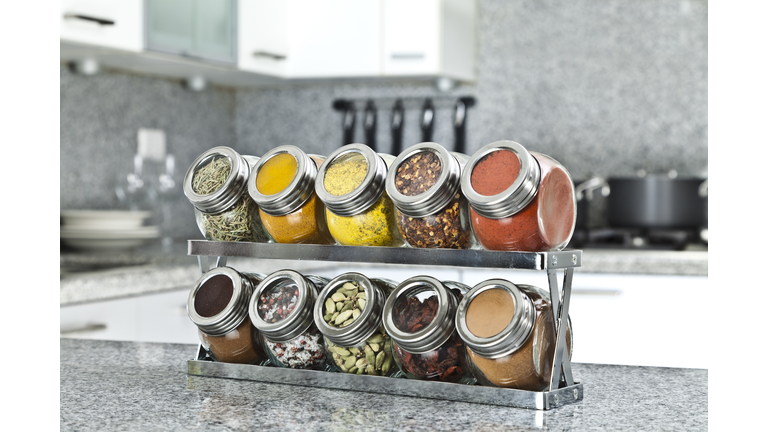 Spice rack on modern kitchen countertop