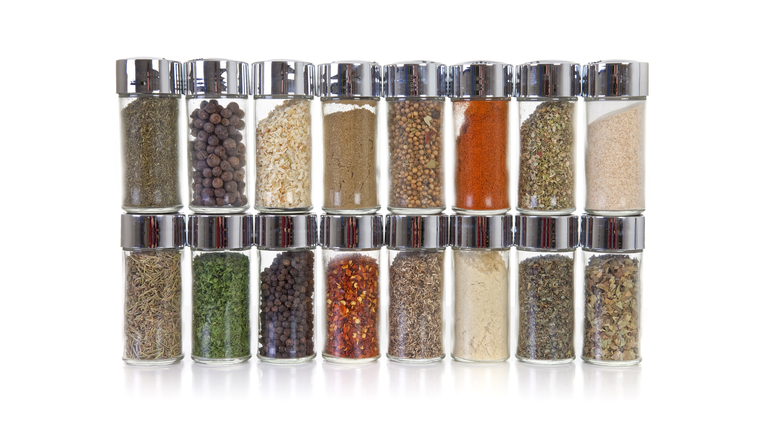Row of jars with spices