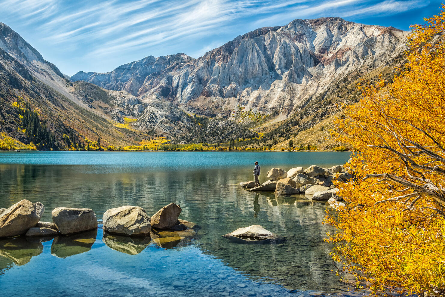 Fishing on Convict Lake in Autumn, Eastern Sierra California