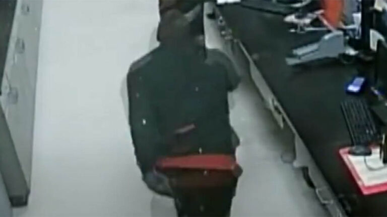 Thieves drop through ceiling.