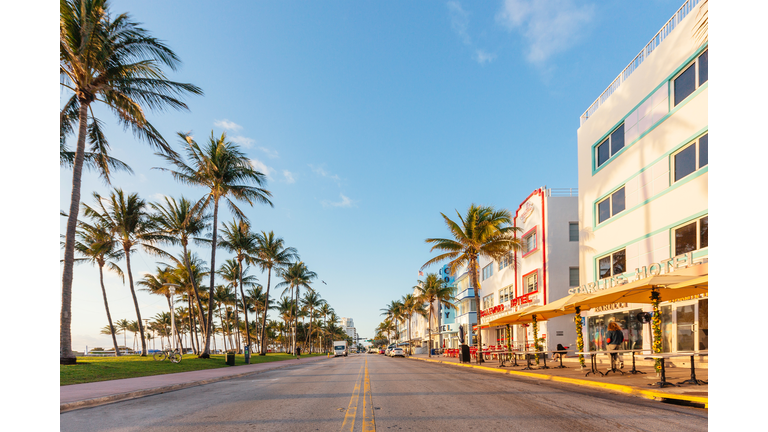 Empty Ocean Drive in the morning, South Beach, Miami, USA
