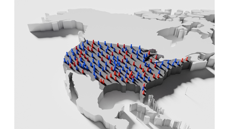 Red and blue pawns covering The United States on a map