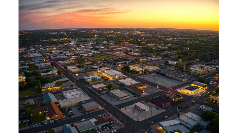 Aerial View of Downtown Killeen, Texas at Sunset in Spring