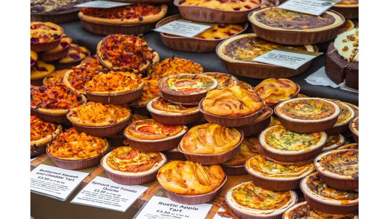 Assortment of tarts on display at Broadway market in Hackney, East London