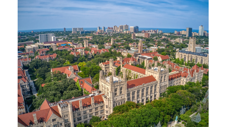 Aerial View of a large University in the Chicago Neighborhood of Hyde Park