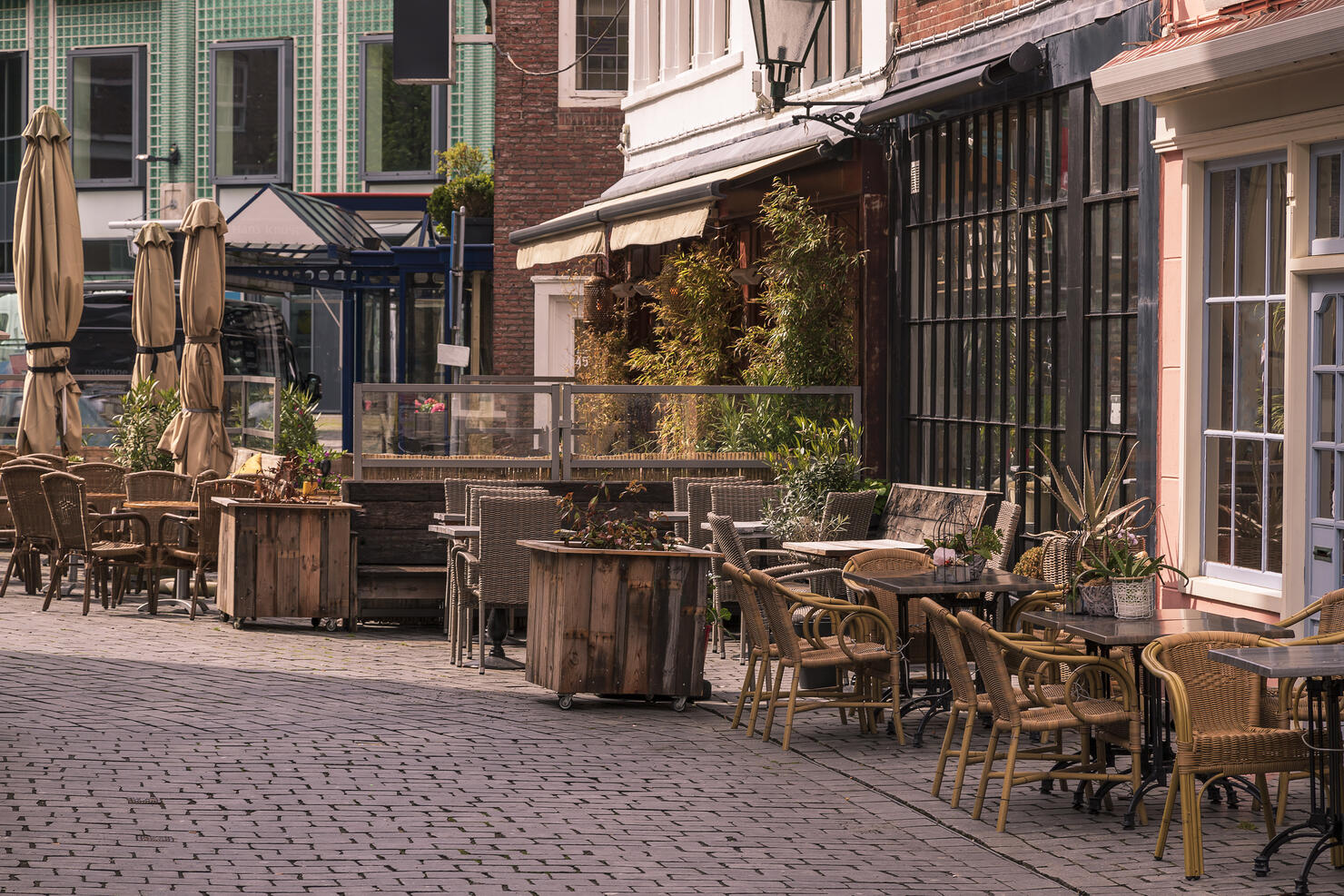 Morning street without people with tables at a cafe in Vlissingen, Holland