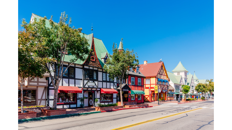 Street with colourful Danish style buildings in Solvang town, California, USA