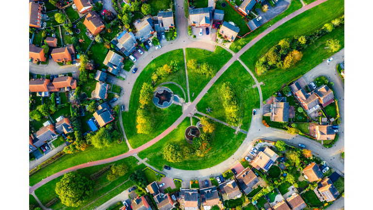 Aerial view suburban neighborhood with identical wealthy, Milton Keynes, Furzton