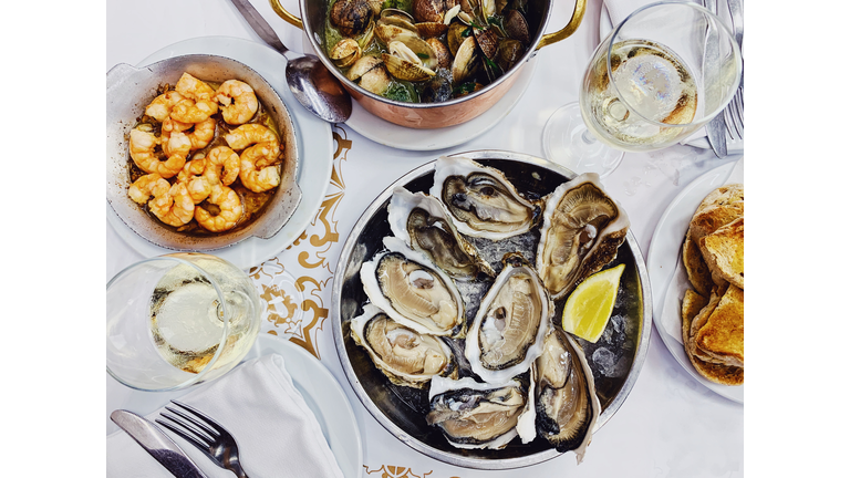 Oysters, shrimps and clams at seafood restaurant