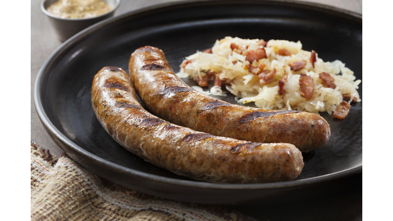 Grilled Bratwurst with Fried Sauerkraut and Crispy Bacon