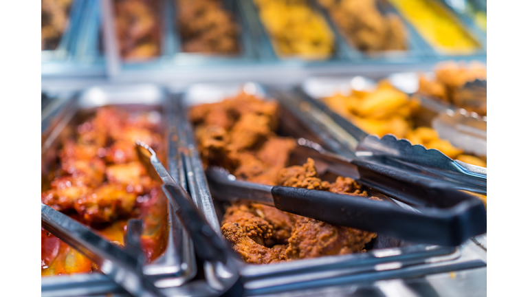 Fried chicken buffet bar self serve catering with tongs