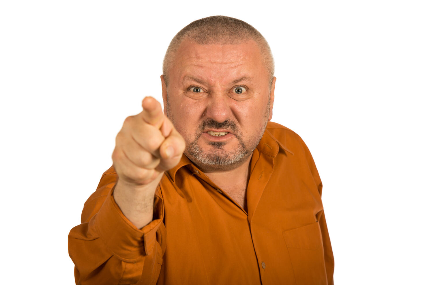 An angry man with beard pointing finger at you
