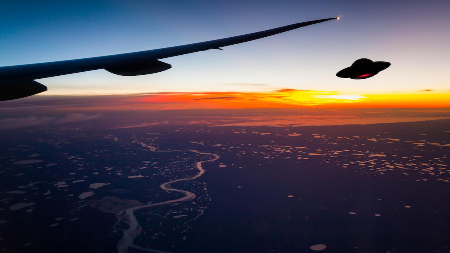 View of a UFO in flight from an airplane window